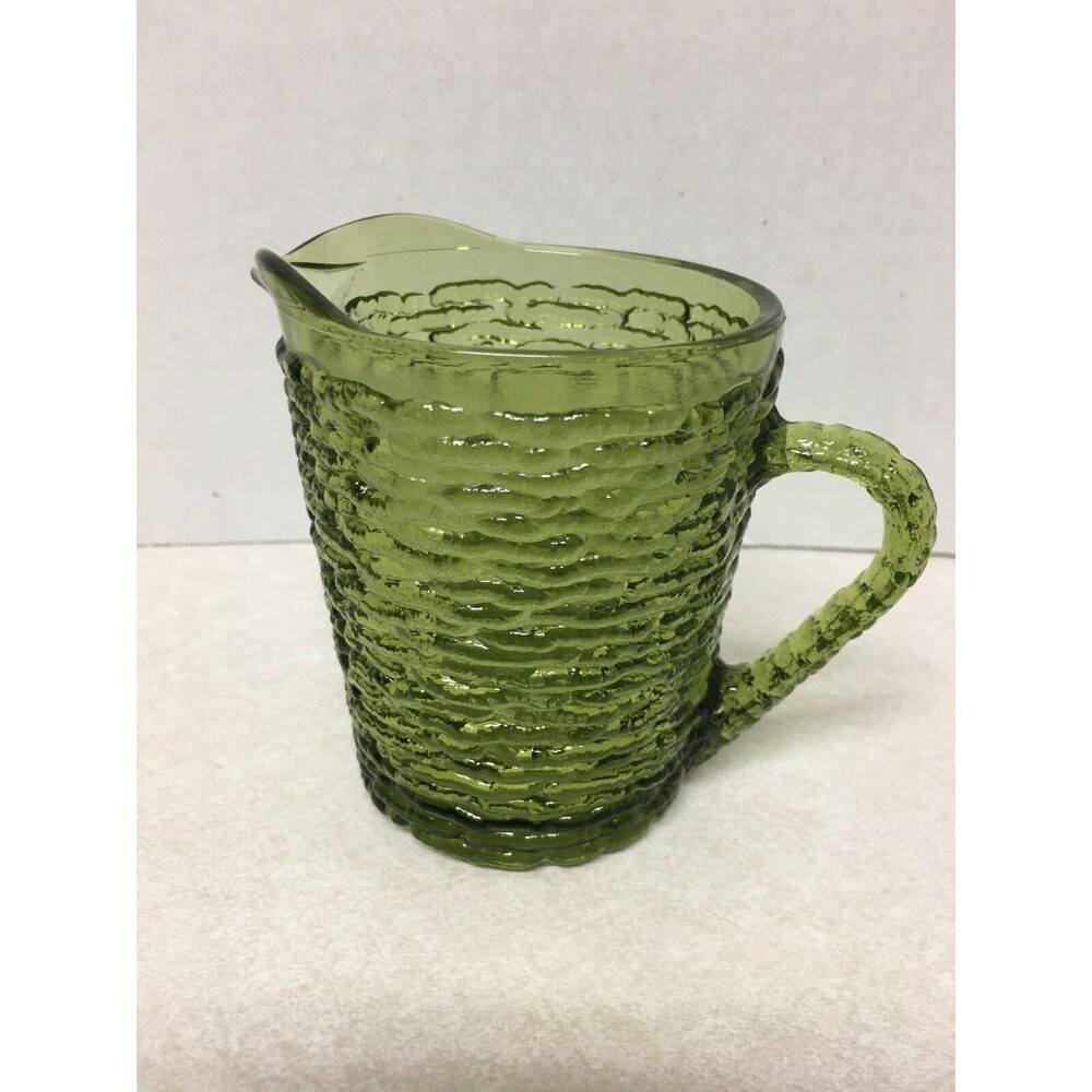 Vintage 70's Avocado Green Textured  Glass Creamer 3.75" H